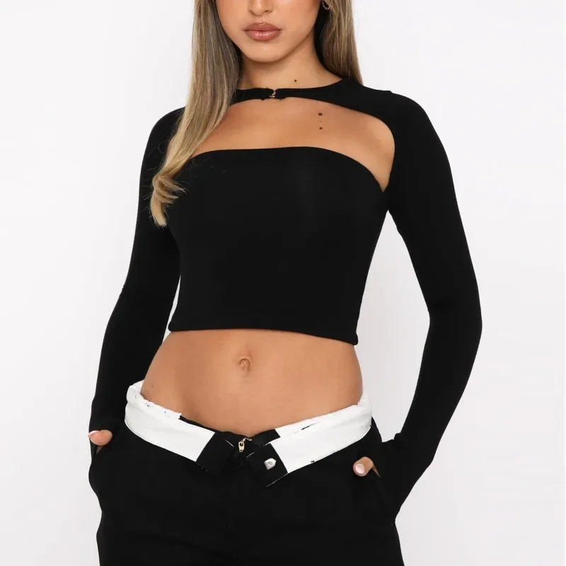 Women's Long Sleeved Hollow Short Top Casual and Fashionable Solid Color Backless Slim Fit Short Base Aesthetic T-shirt YDL45