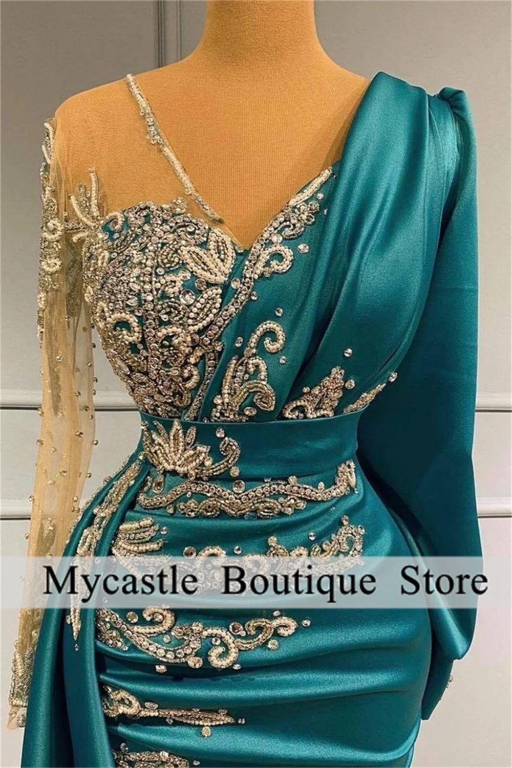 Luxury Saudi Arabia Long Sleeve Mermaid Evening Dresses Sparkly Crystals Satin Dubai Formal Party Gowns Porm Dress Customized image 3