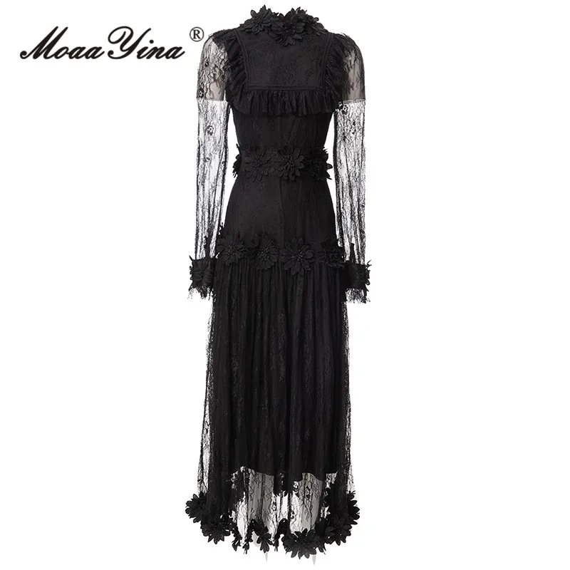

MoaaYina Summer Fashion Designer Black Mseh Dress Women's O-Neck Perspective Long Sleeve Appliques Ruffles Vintage Long Dresses