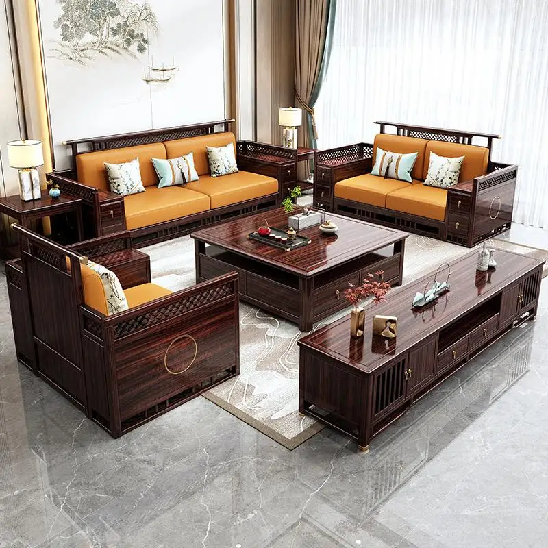 Ebony sofa new Chinese solid wood living room full set combination, all solid wood winter and summer dual-purpose