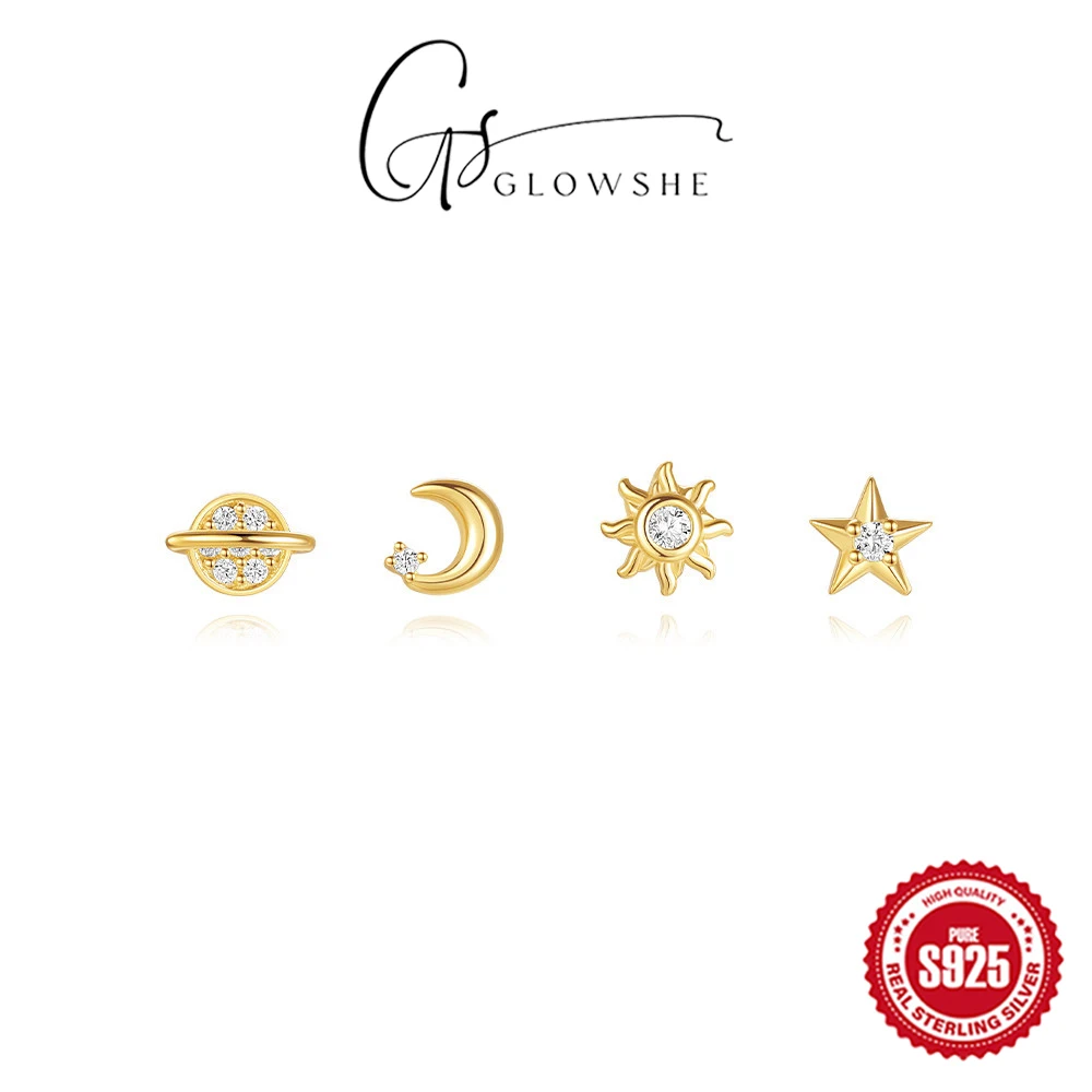 925 Sterling Silver Zircon Star Moon Sun Stud Earrings 4PCS Birthday Party Fine Jewelry Set 2024 Trend Charm Statement Earrings