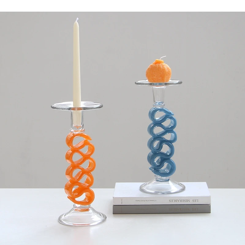 Glass Candlestick Geometric Colored Ribbon Candle Holder Hollowed-out Wrapped Candle Stick Holder Home Decoration Accessories