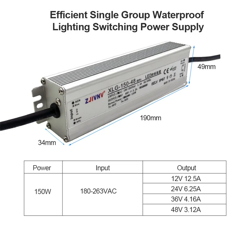 Driver LED 150W AC/DC12V 24V 36V 48V IP67 trasformatori di illuminazione impermeabili alimentatore per luce esterna XLG-150