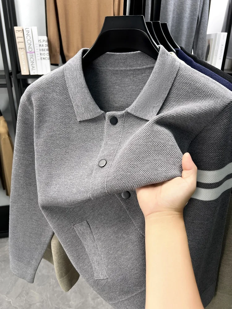 

Fashion advanced brand men's sweater jacket casual comfort pockets Korean style new stripes unique buttons lapel knit cardigan