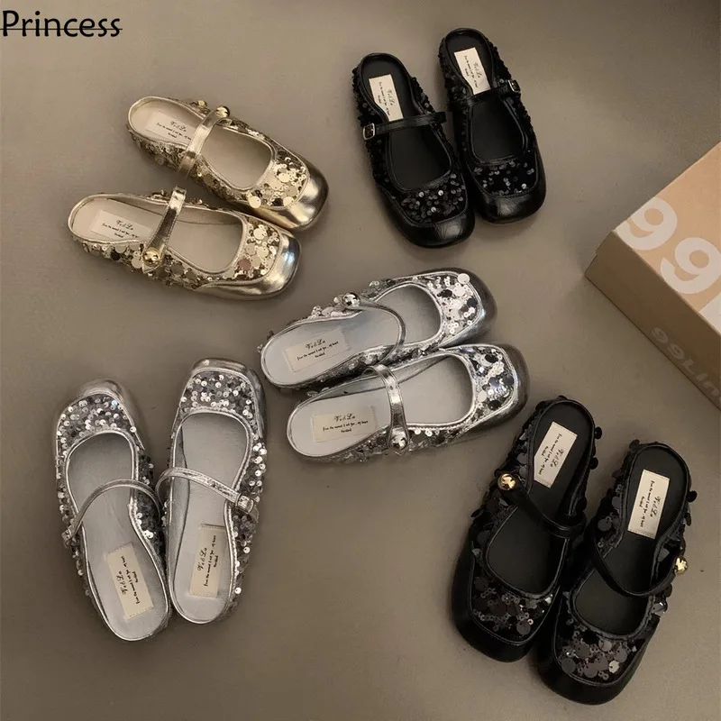 

French Silver Sequins, Mary Jane Baotou, Half Slippers, Flat Bottomed Loafers, Spring/Summer Korean Version, Elegant Single