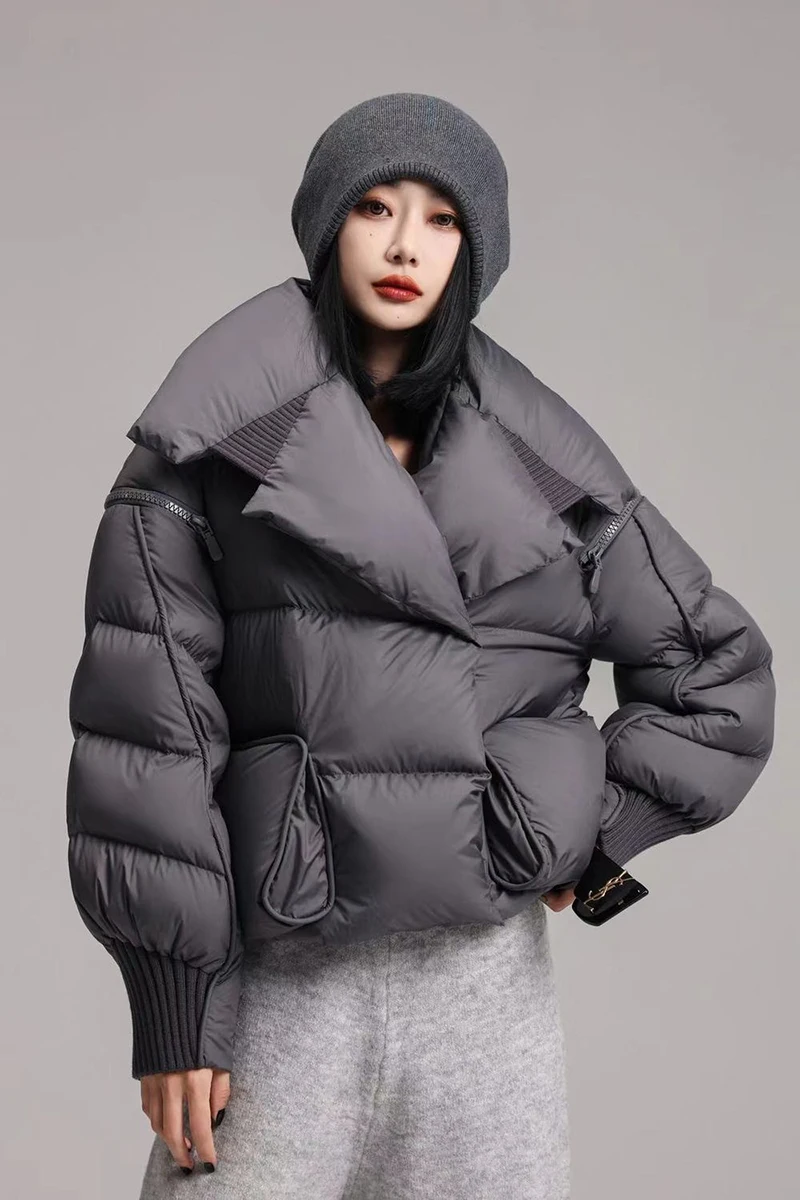 Winter White Duck Down Short Parka Spliced Fashion Women\'s Knitted Big Collar Puffer Jacket Stylish and Thick Loose Puffer Coat