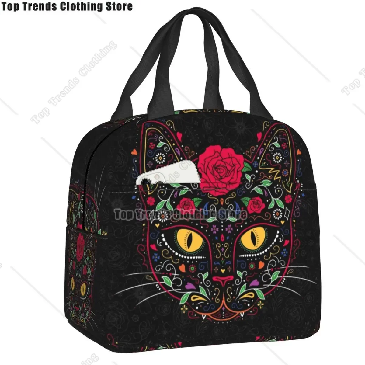 Day Of The Dead Kitten Cat Sugar Skull Insulated Lunch Bags Mexican Halloween Portable Thermal Cooler Food Lunch Box