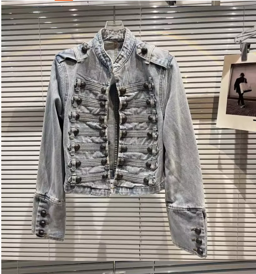 Autumn style classical metal pork rib buckle design washed denim top women's short jacket