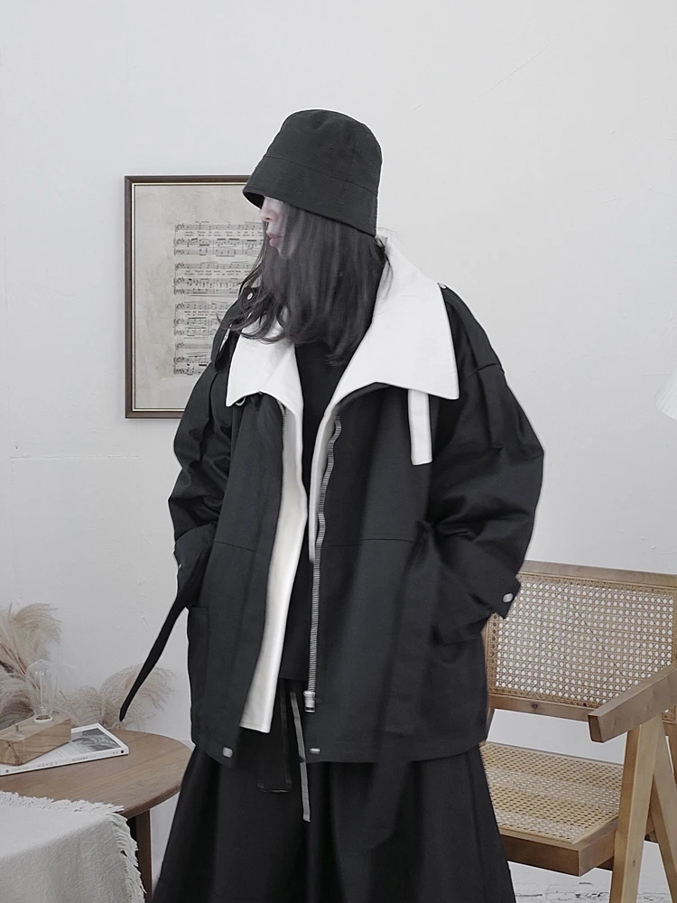 

YM125 Street Punk Style Zipper Closure Cotton Jacket Original Design Patchwork Wide Leg Cotton Coat with White