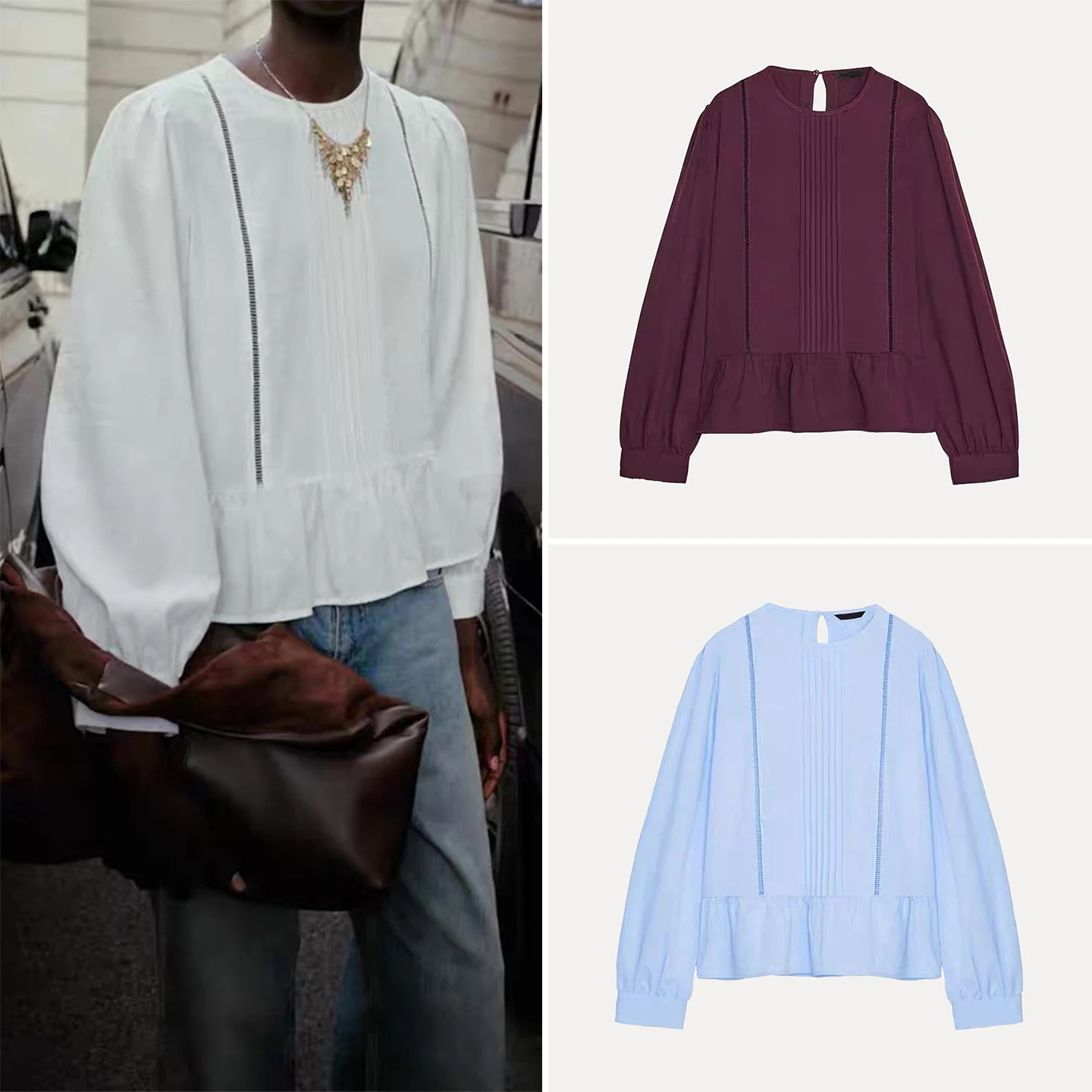 

Faionable Casual round Ne Vertical Ruffle irt Women's Sle Spring Autumn New Arrival ZDATA Commute Sle Loose Fit Lon...