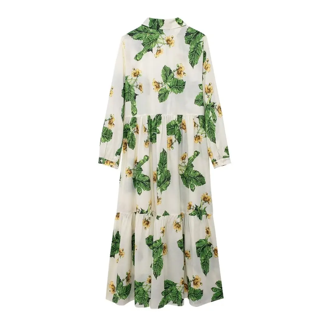 Women's 2024 New Chic Temperament Fashion Exquisite Floral Print Midi Dress Retro Long-sleeved Women's Dress Vestidos Mujer