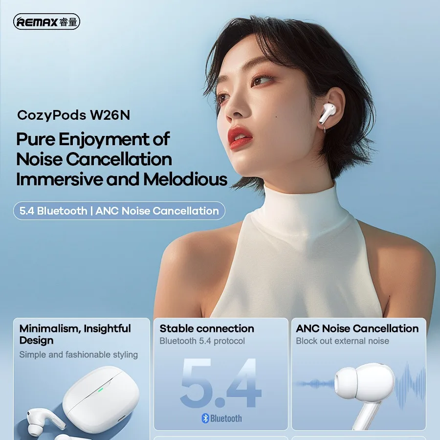 REMAX ANC auriculares Bluetooth inalámbricos estéreo con cancelación de ruido CozyBuds W26N