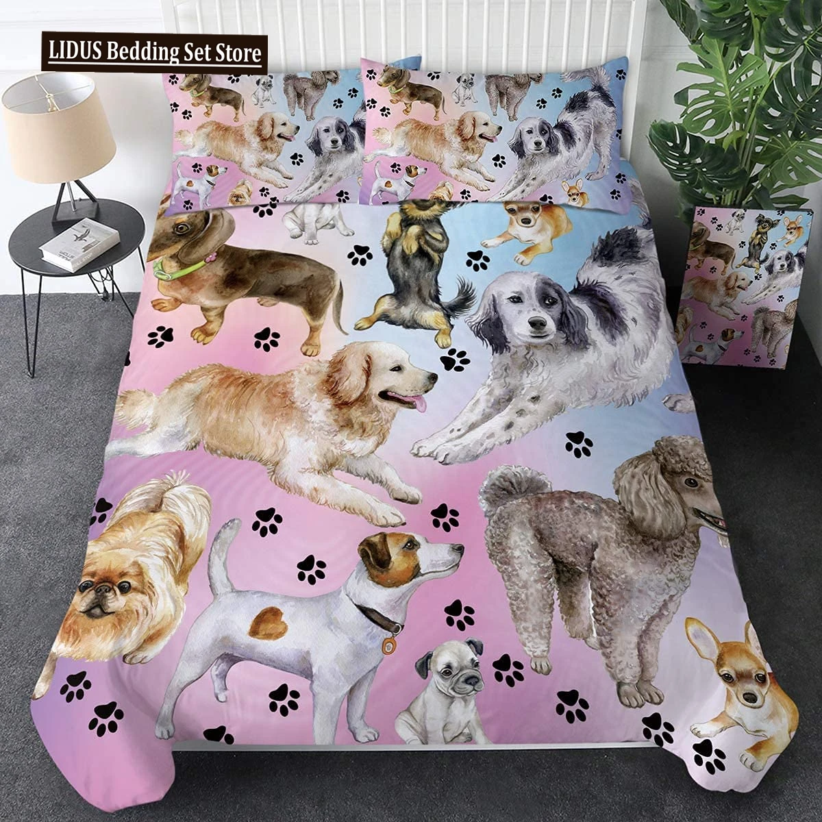 

Cute Dogs Print Bedding Set Puppy Animal Duvet Cover Set 2/3 Pcs Watercolor Pastel Dog Paw Comforter Cover Pug Dog Lover Bed Set