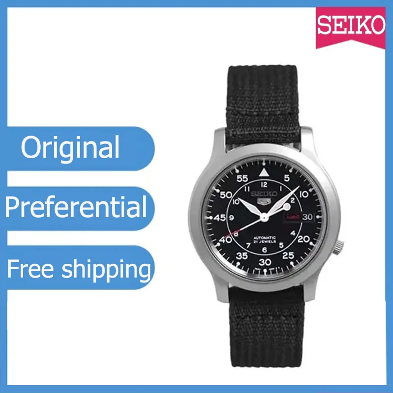 Original SEIKO SNK805 Watches for Men\'s 5 Automatic Stainless Steel Watch with Green Canvas Mechanical Luxuy Wristwatch