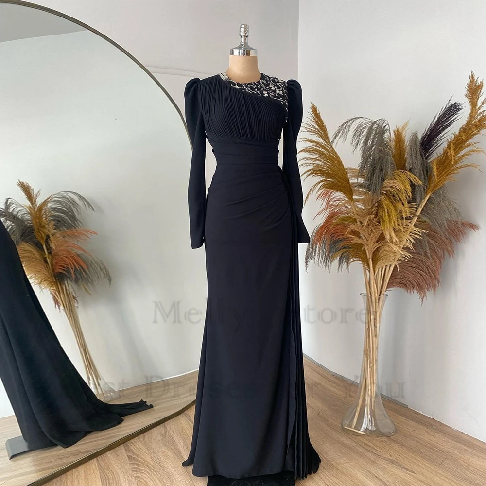 

Black Scoop Sheath Muslim Evening Dresses with Beading Pleat Full Sleeve Prom Gowns Jersey 2023 Summer Vestidos De Novia