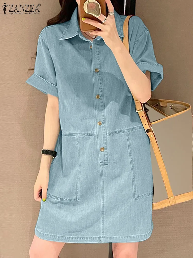 ZANZEA Women Denim Shirt Dress 2024 Summer Short Sleeve Korean Sundress Vintage Turn Down Collar Robes Casual A Line Dresses