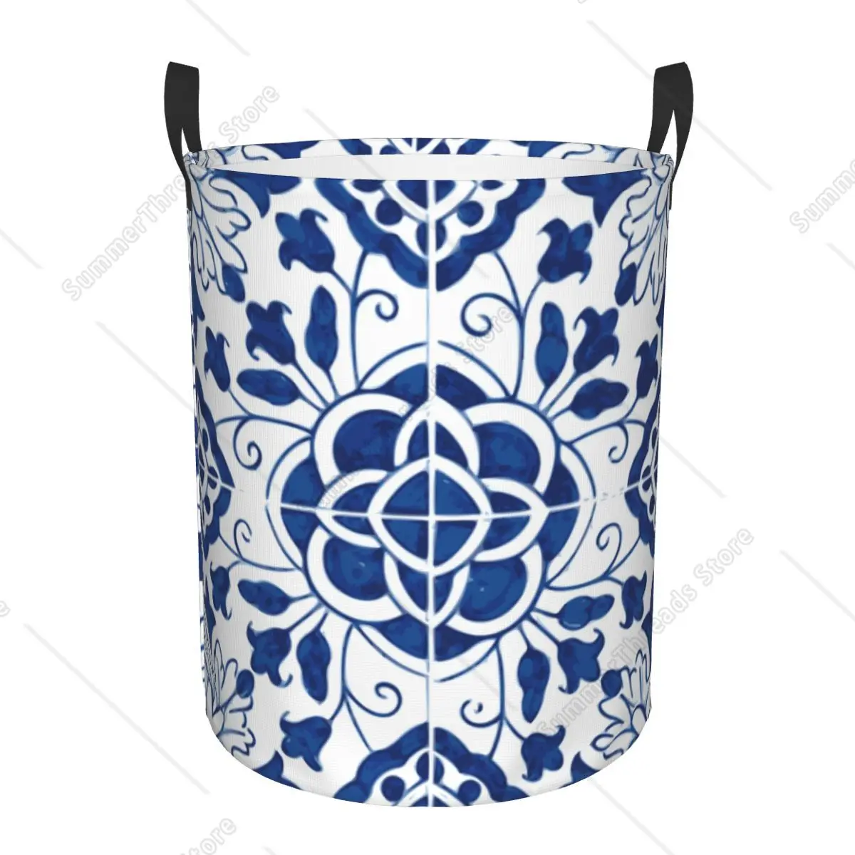 Cesto para la colada con azulejos de porcelana portuguesa grande, cesta de almacenamiento con patrón de flores para niños, guardería y organización de juguetes