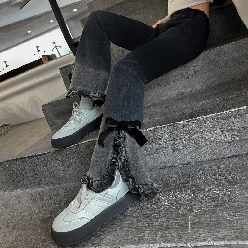 New Kids Design Children Micro-Flare Jeans For Girl Fashionable Streetwear Slim Fit Bootcut Gradient Denim Pants with Bow 4-14 Y