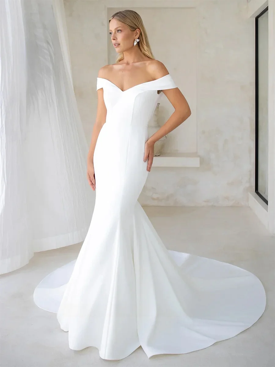 Simple Customize To Measures Off the Shoulder Wedding GoOpen V-Neck Wedding Dress Flowing Satin Off the shoulder Mermaid Shape T