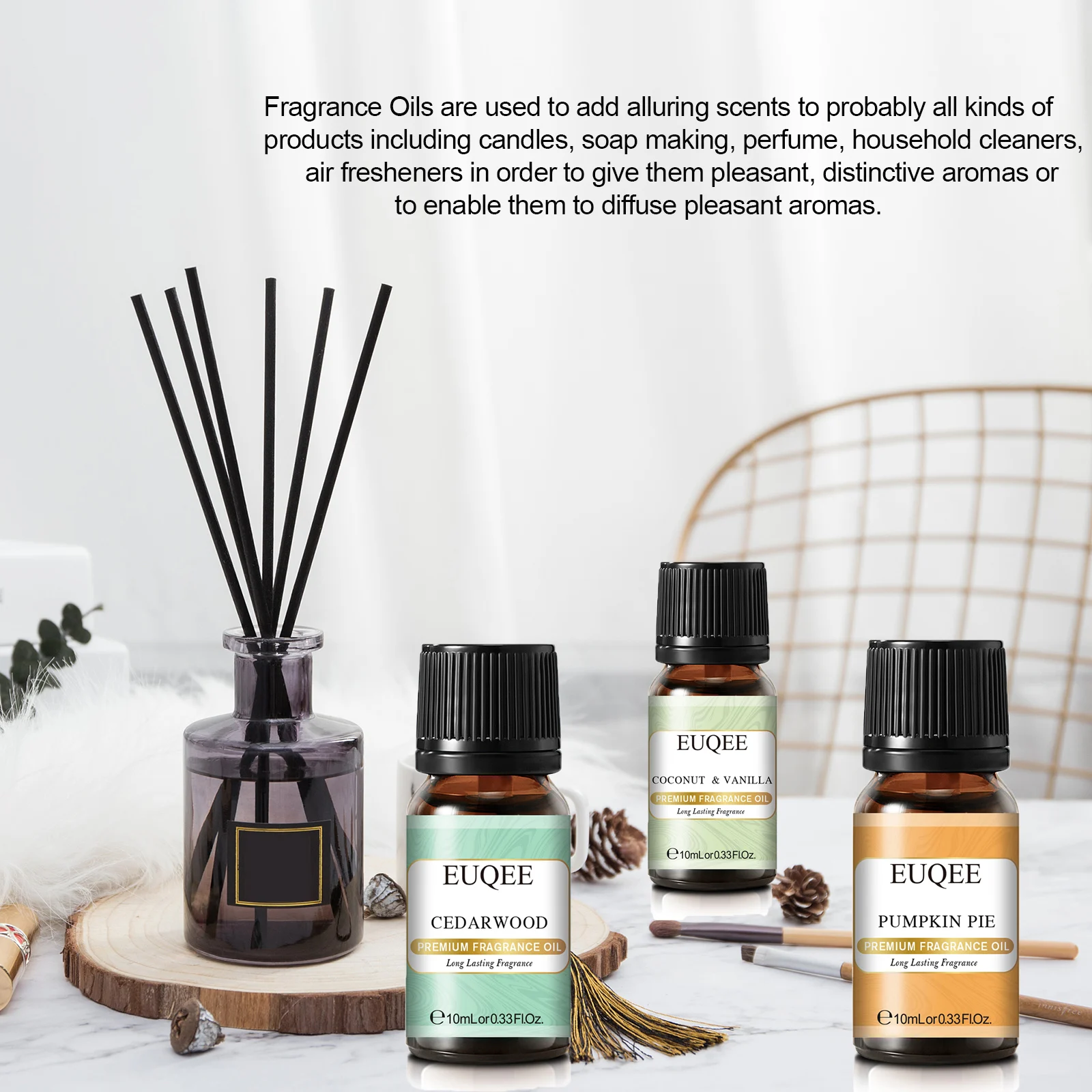 EUQEE 10ML Premium Fragrance Oil For Humidifier Diffuser Coconut Vanilla Forest Pine Sandalwood Bamboo & Teak Mango Aroma Oils