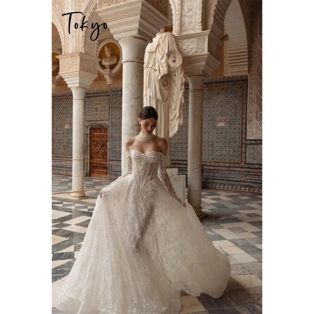 Tokyo Lace Appliques Off Shoulder Bridal Gown Bustier Corset Long Sheer Sleeves Ball Gown Ornate Embroidery Luxury Wedding Gala