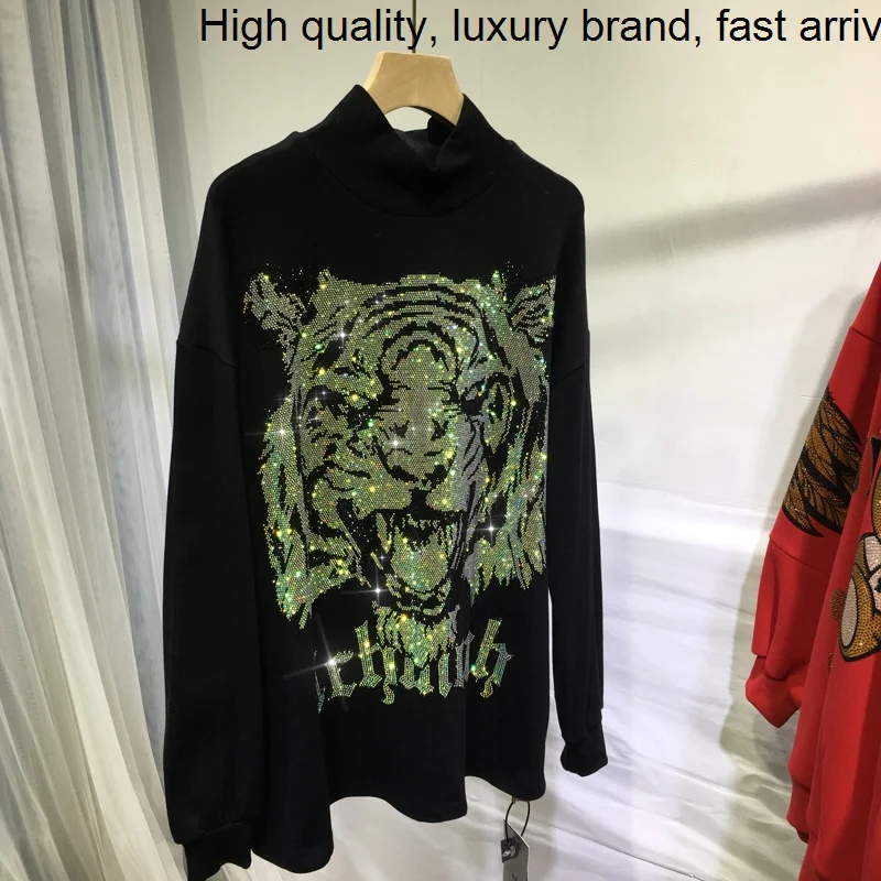 

Hot Blingbling Tiger Drilling Black Bottoming Shirts Mid-long Autumn Winter High Collar Pullover Top Long Sleeve Cotton T-shirt