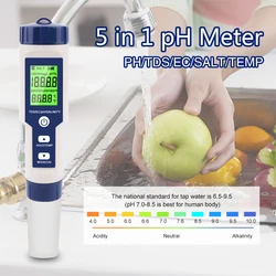 Testeur de Qualité de l'Eau 5 en 1 LCD Numérique, PH/TDS/EC/SALT/TEMP, EZ 9909, Moniteur pour l'annulation, Aquariums