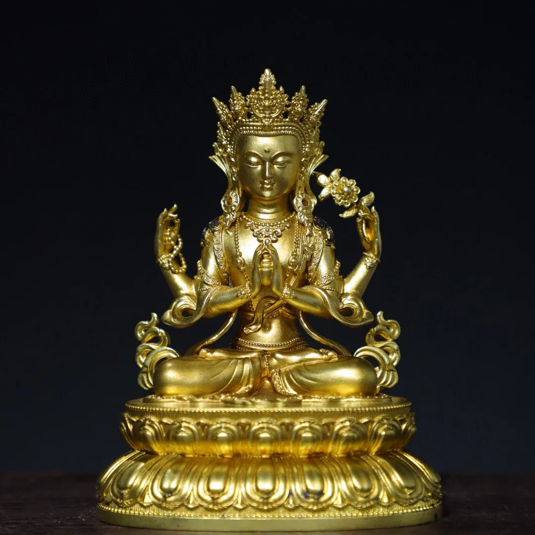 

Tibetan Pure Copper Gilded Four Armed Guanyin Bodhisattva and Tara Buddha Home Buddha Hall Decoration Small Size Items 10cm