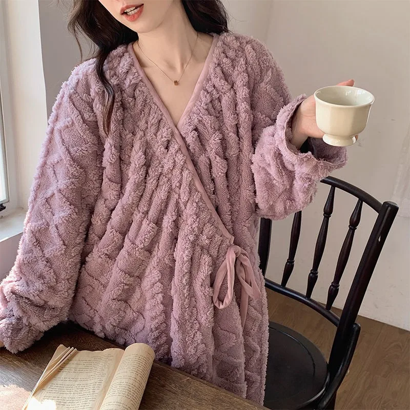 Maiden Jacquard Pattern Coral Fleece Spring and Autumn Payment Above The Knee Princess Home Dress Bathrobe Women Nightdress