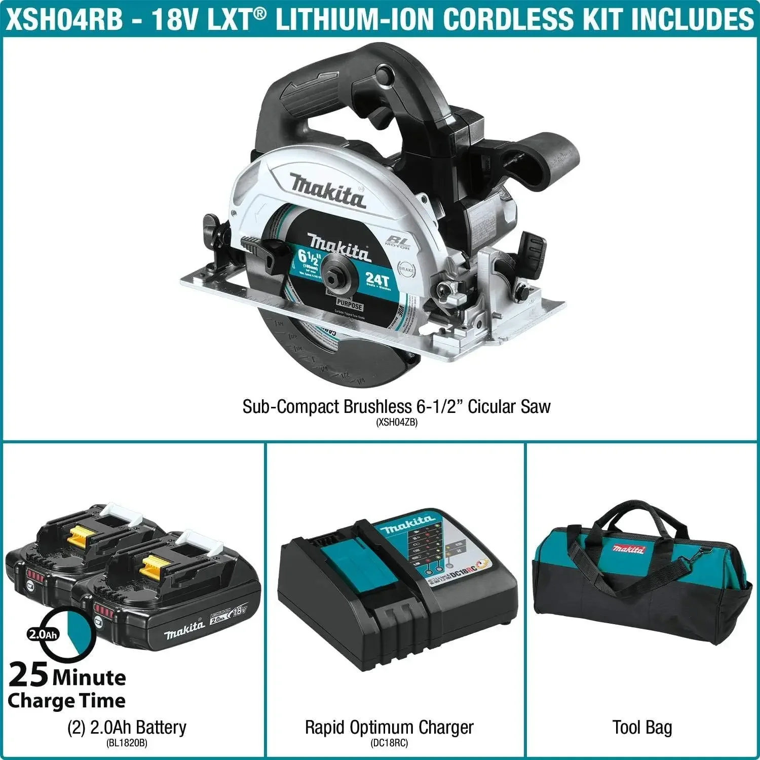 Makita XSH04RB 18V LXTLithium-Ion Subcompacto Brushless Cordless 6-1/2" Kit de serra circular (2,0Ah)