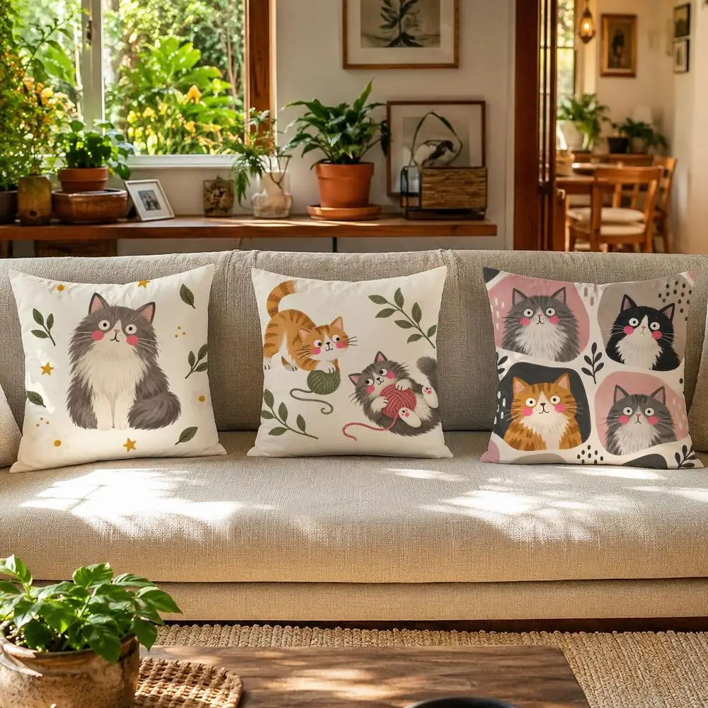 Funny Cate Cat Cushion Cover Skin-Friendly Organic Linen Pillow Cover Durable Hypoallergenic Washable Soft