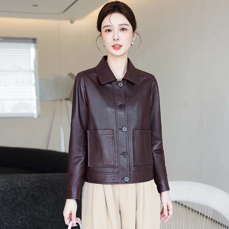 New leather women's short senior sheepskin middle-aged long sleeve fashion lapel jacket Spring and Autumn