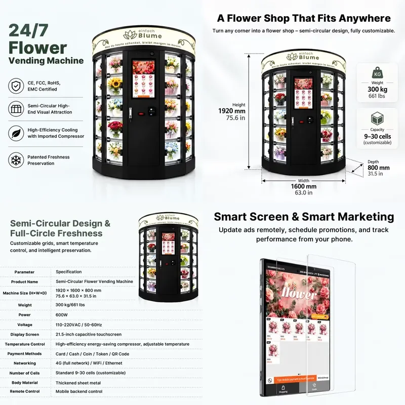 Commercial Semi Circle Smart Automatic Fresh Flower Vending Machine with Card Payment Touch Screen