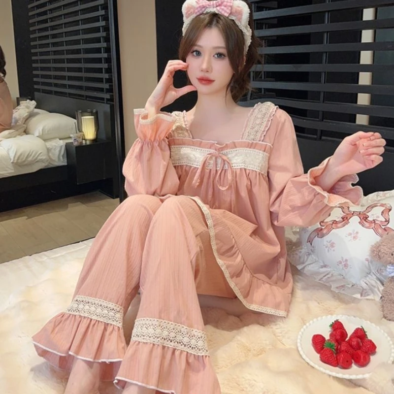 الربيع والخريف Y2K فتاة حلوة وحارة القطن طقم بيجامة بأكمام طويلة نمط الأميرة لطيف يمكن ارتداؤها كملابس خارجية ايمو