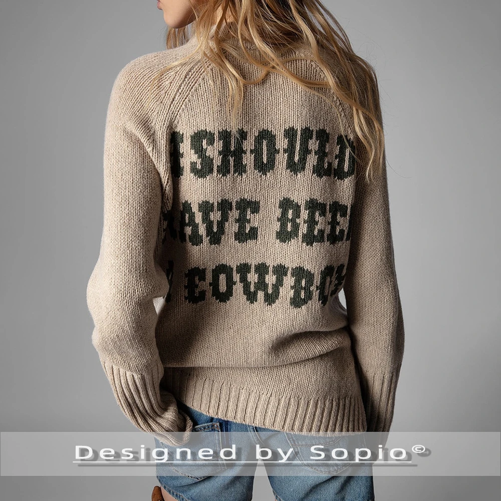 

Handmade Letter Jacquard Cashmere Knitted Sweater Women Winter Spring O-Neck Long Sleeve Fashion Sweaters Casual Pullover Tops