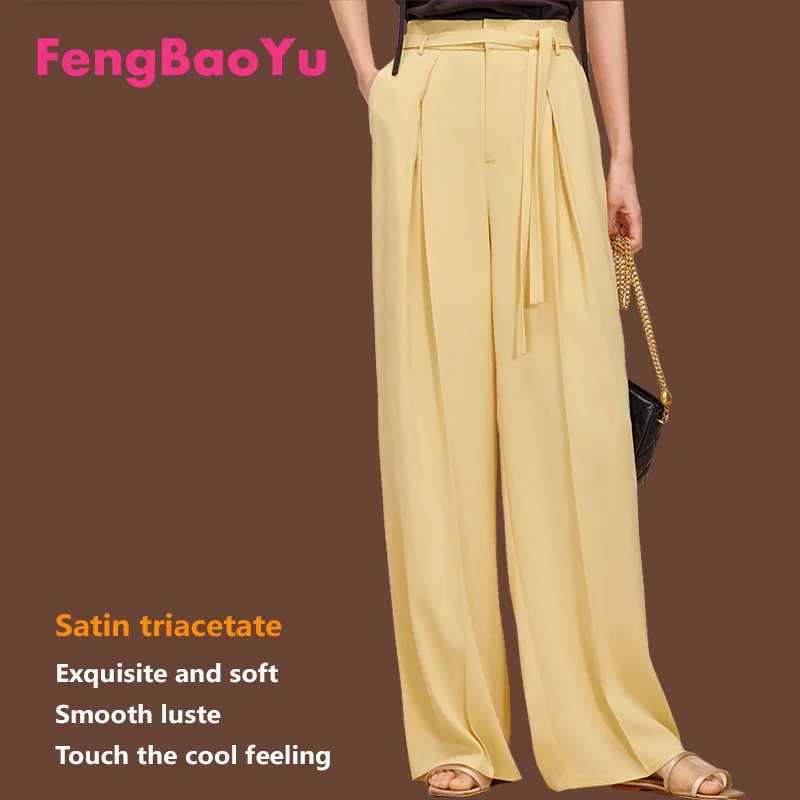 Satin Triacetate Ladies Wide Leg Pants High Waist Slimming Loose Yellow Floor Pants Big Size Fat Girl 3XL Spring and Summer Cool