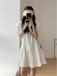 2024 Summer New Design Feeling Folded Bubble Short sleeved Short stature Dress for Women with Reduced Age Round Neck Design 1A8P
