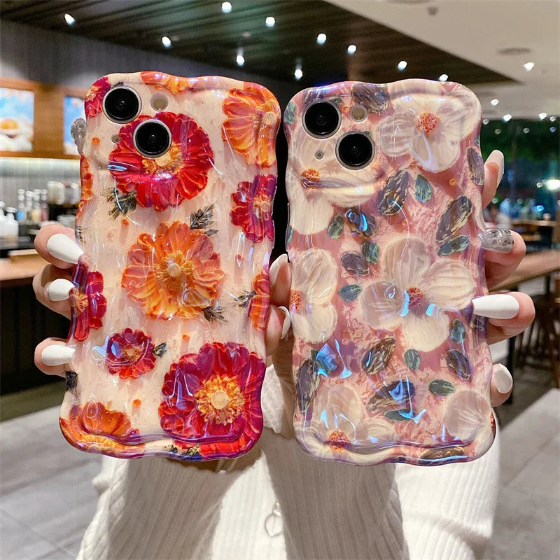 3D Retro Flower Oil Painting Case For Iphone 11 12 13 14 Pro Max Blue Ray Laser Soft Cover Wave Frame Coque Shockproof Funda