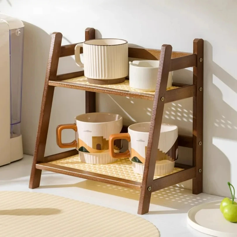 

Countertop Organizer 2 Layer Coffee Cup Holder Multipurpose Bamboo Storage Shelf for Hotel Apartment Dressing Table Kitchen Home