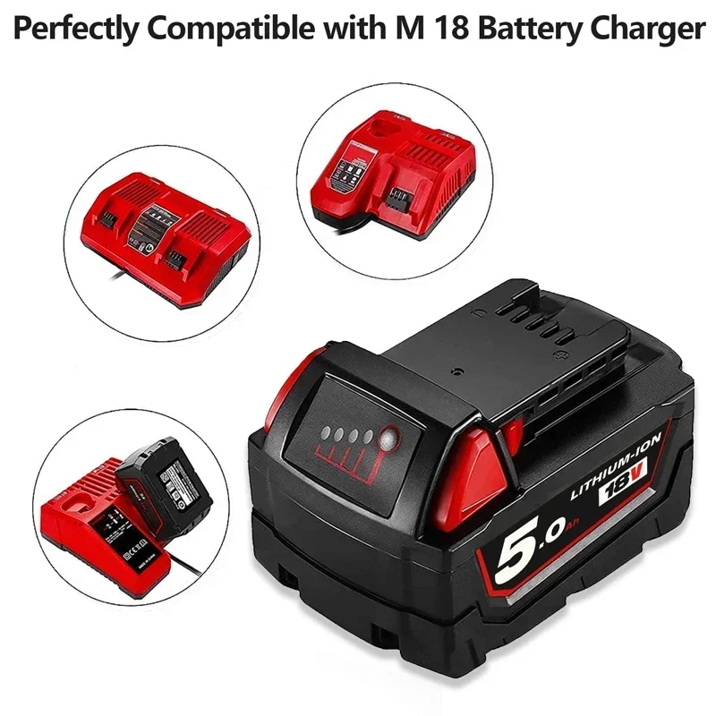 5.0Ah 6.0Ah 18V M18 Rechargeable Battery Replacement for Milwaukee M18B Lithium XC 48-11-1850 48-11-1862 48-11-1840 48-11-1828