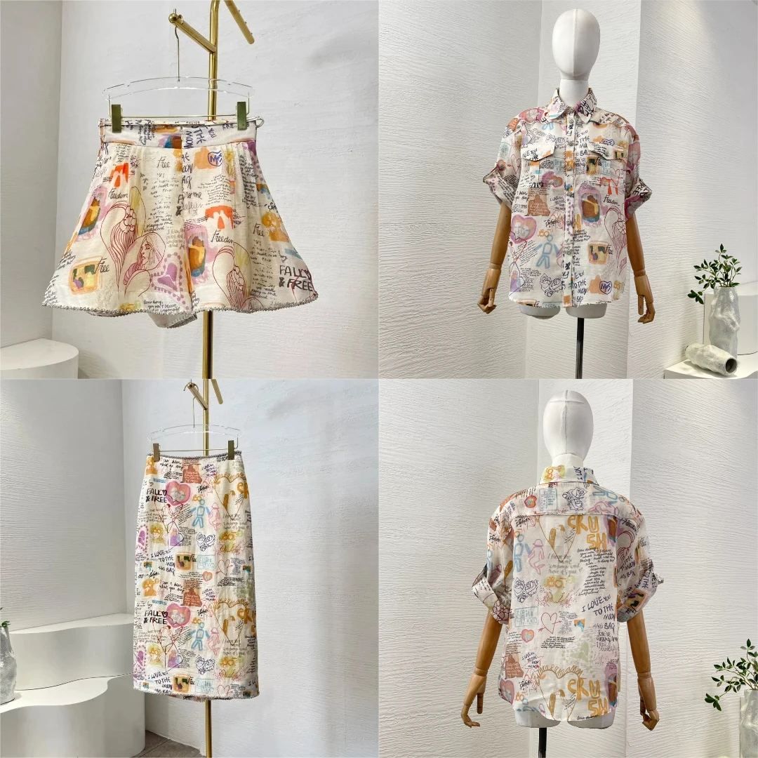 

Beach Style 2024 New High Quality Autumn Multi-color Cartoon Print Diamonds Cystals Blouse Tops and Shorts Set Skirt Outfit