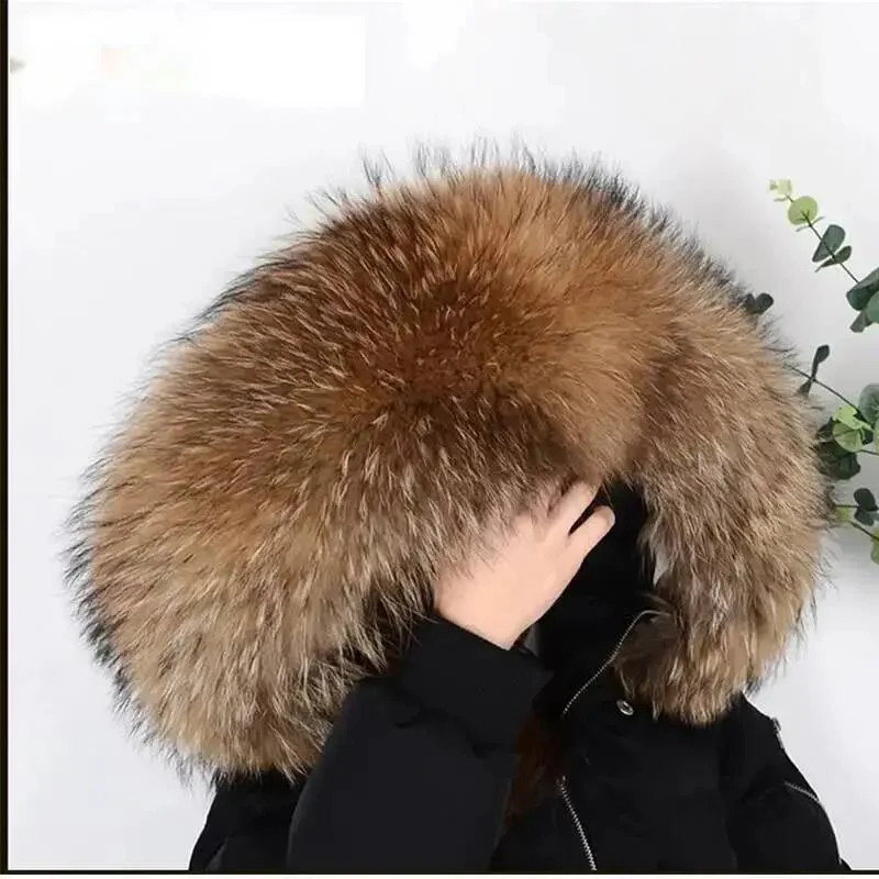 

Зимнее женское пальто с воротником из натурального меха енота, однотонные шарфы с капюшоном, пушистый воротник, съемные шейные шарфы из меха енота L # 2