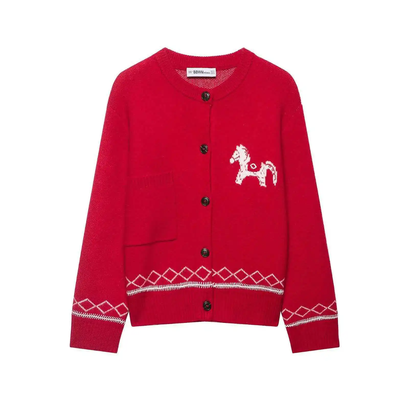 

Women Long Sleeve Cute Pony Jacquard Knit Cardigan Loose Casual Daily Wear Spring Tops