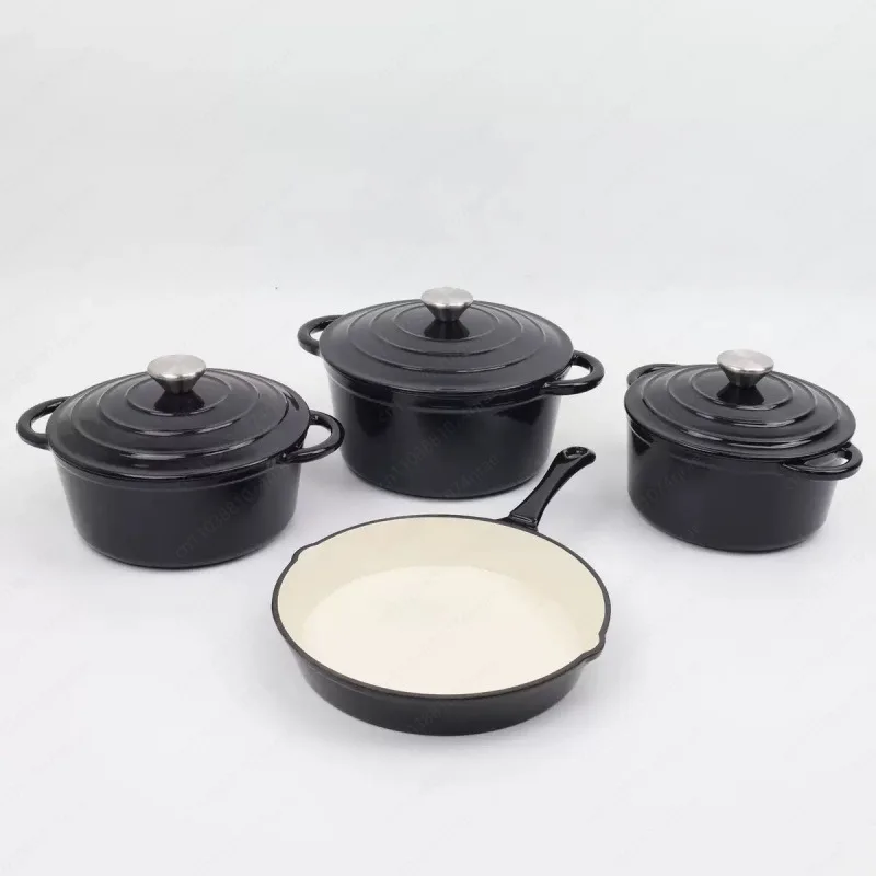 Enamel Cast Iron Pot Four-piece Set, Flat-bottomed Stew Frying Pan Set, Light Luxury Non-stick Multi-function