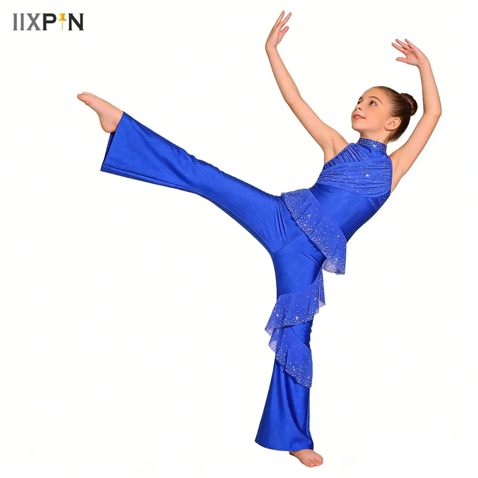 Kids Girl Sleeveless Rhinestone Ballet Dance Leotard Gymnastics Jumpsuit Full Body Suit Figure Ice Skating Dancewear Bell-Bottom