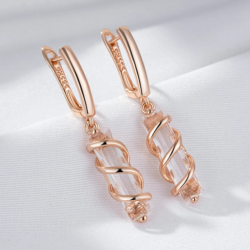 Square Long Zircon Spiral Dangle Earrings for Women 585 Gold Color Party Statement Jewelry Light Luxury Wedding Accessories