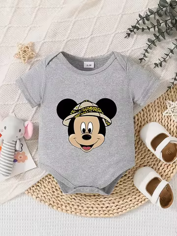 【Officially Authorized】 Disney Mickey Mouse Baby triangle onesie: Safari Hat Mickey Print, Soft Skin-Friendly Fabric