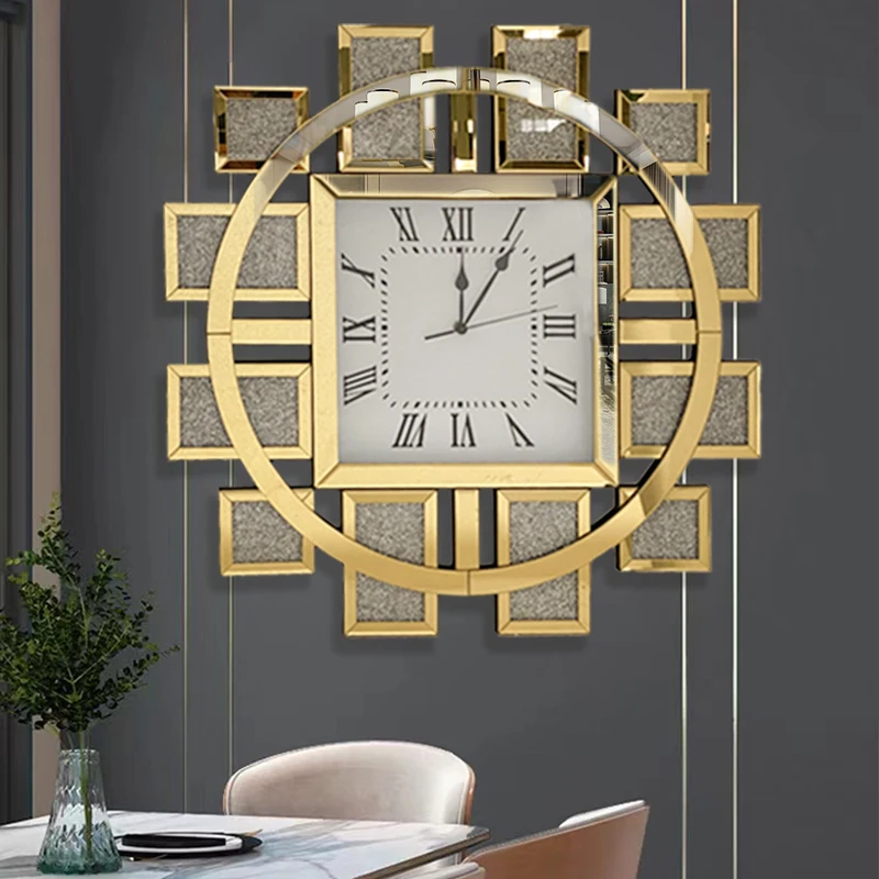 Luxury Home Decor Gold Glass Wall Clock Unique Crystal Broken Diamond Arabesque 3D Design Stylish Art Competitive Factory