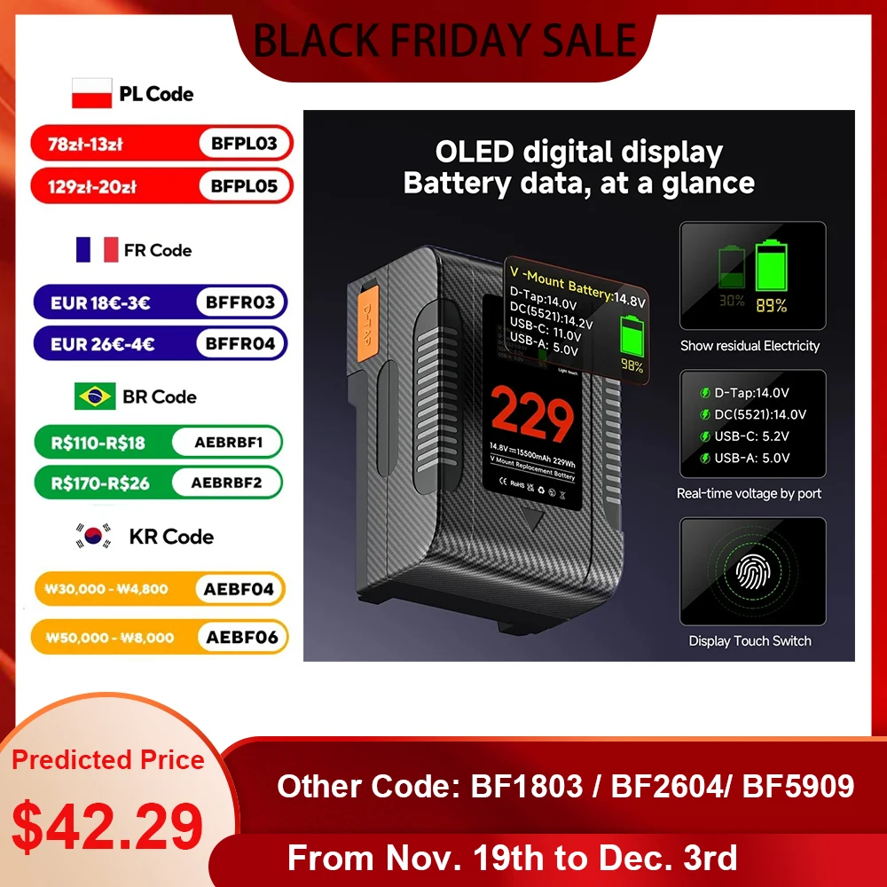 

BP-229 V Mount Battery V Lock BP Portable Bateria with PD 65W Fast Charge Cable for Sony Camcorder Camera Video Light Blackmagic