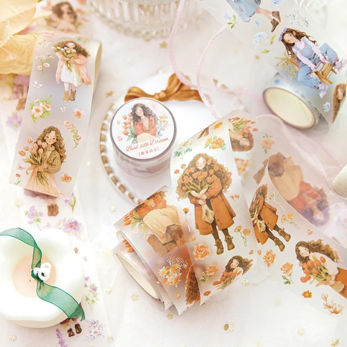 1 롤 소녀 꽃 시리즈 스크랩북 스티커 콜라주 저널 테이프 일기 DIY 용품 편지지